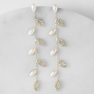 Vine Leaves Rhinestone CZ Pave Crystal Pearl Gold Leaf Earrings Bridal Long New